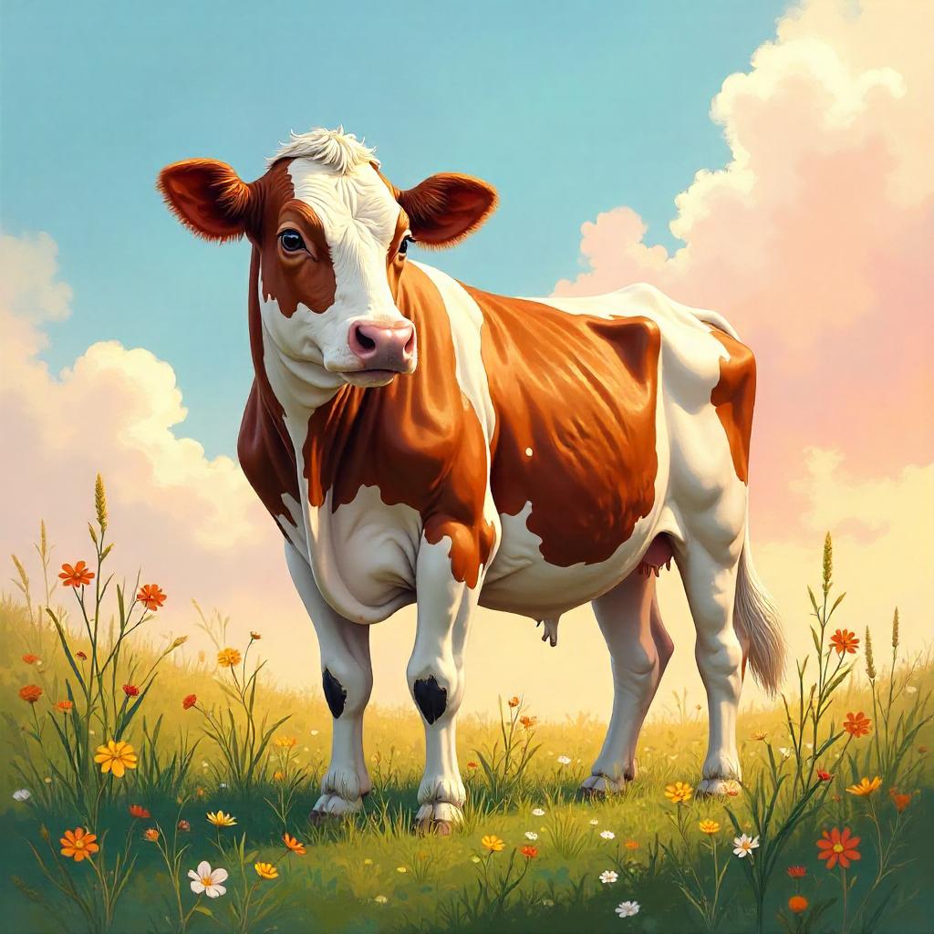 Digital Meadow Cow Painting in Brushstroke Glow