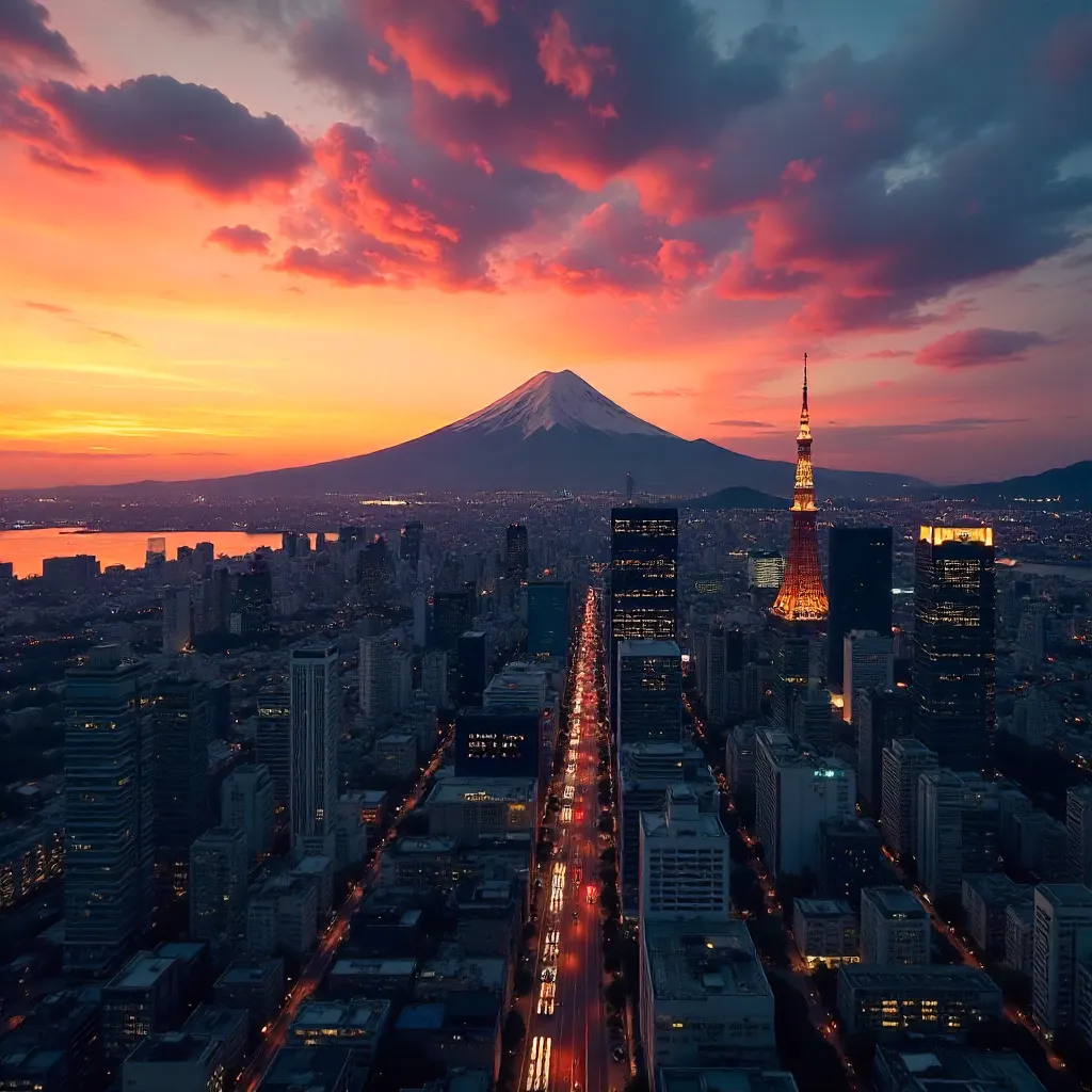Silhouetted Mount Fuji over Tokyo Sunset Skyline