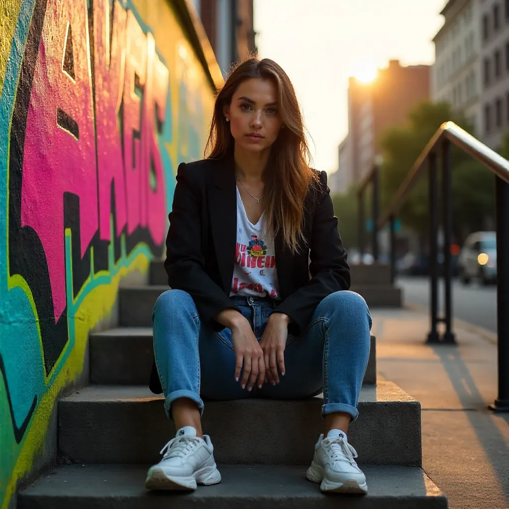 Confident Woman on Urban Steps with Graffiti Backdrop