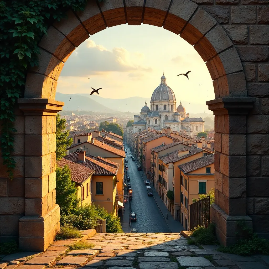 Golden Hour from a Historic Arch Over Rome's Skyline
