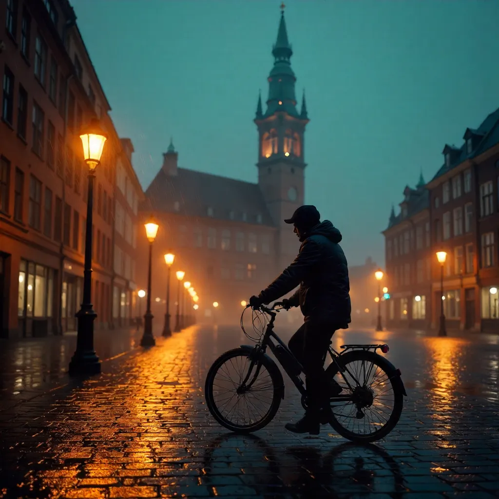 Lone Cyclist in Fog at Hamburg Rathaus at Night