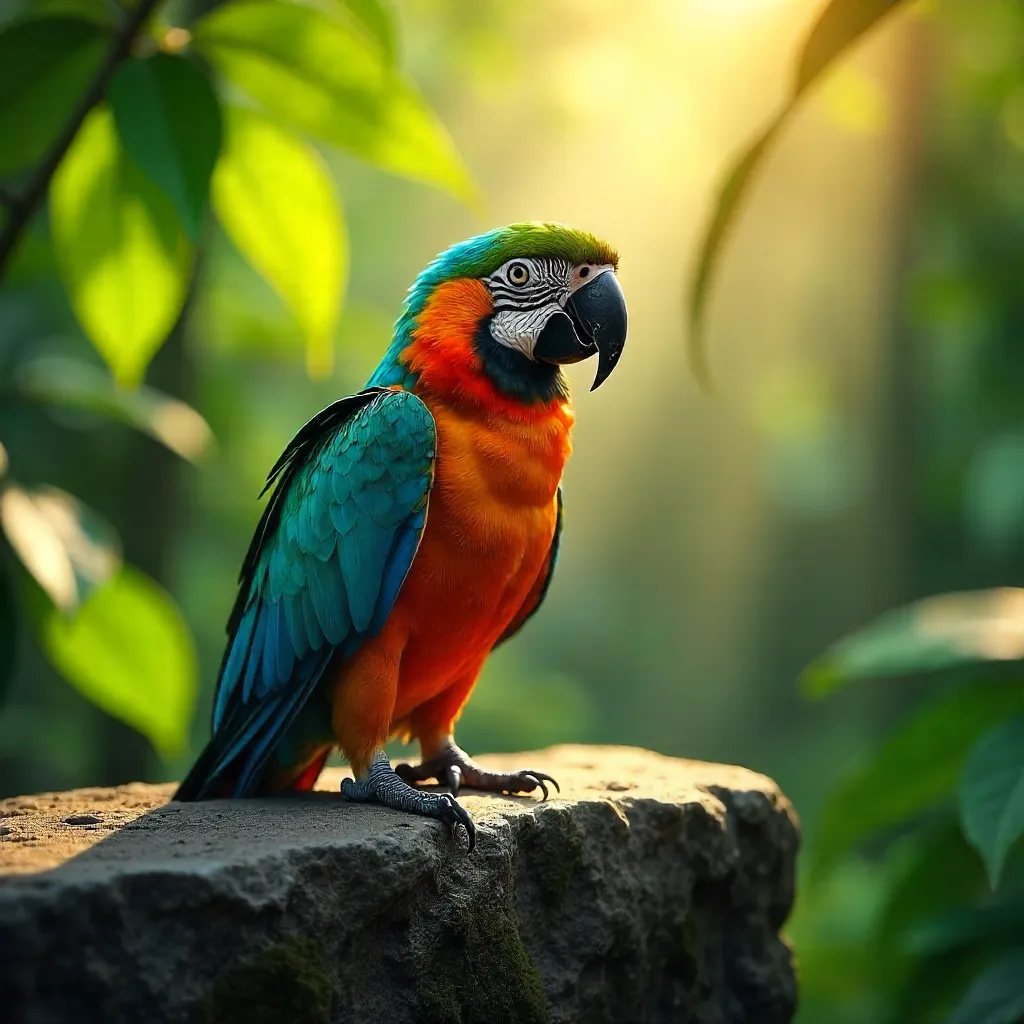 Sunlit Parrot on Stone Amid Green Foliage