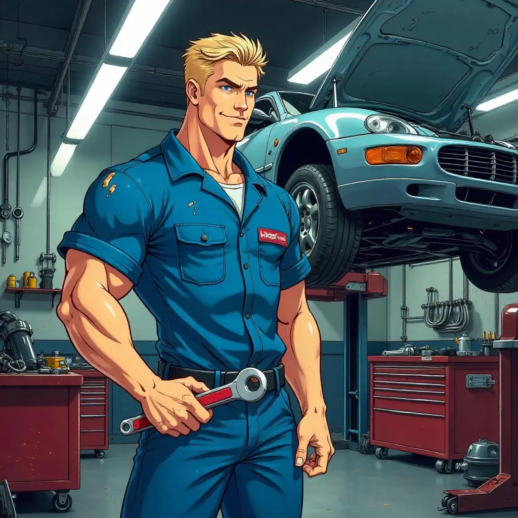 Athletic Anime Mechanic in a Busy Auto Shop