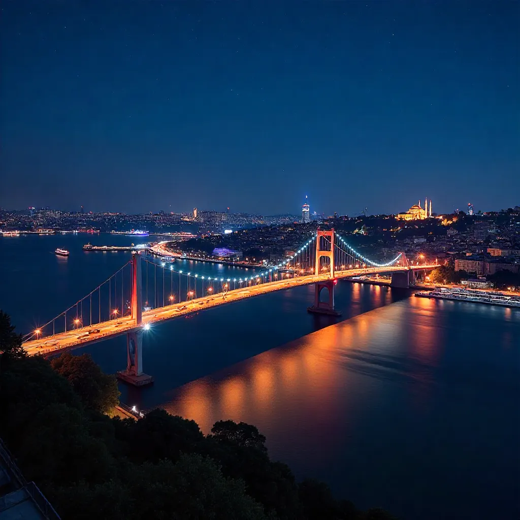 Istanbul Night Skyline and Bosphorus Bridge Lights