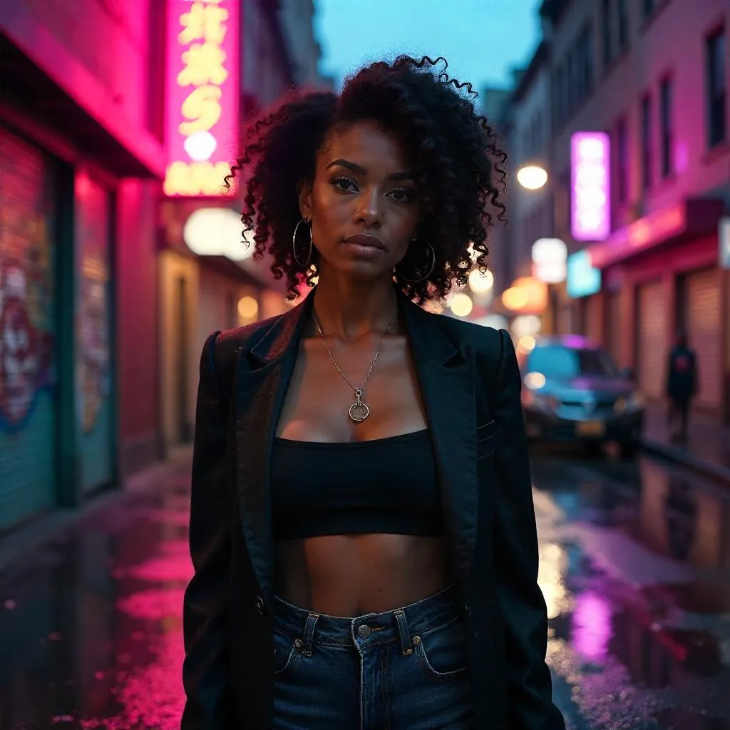 Urban Radiance: Photorealistic Black Woman in Neon City