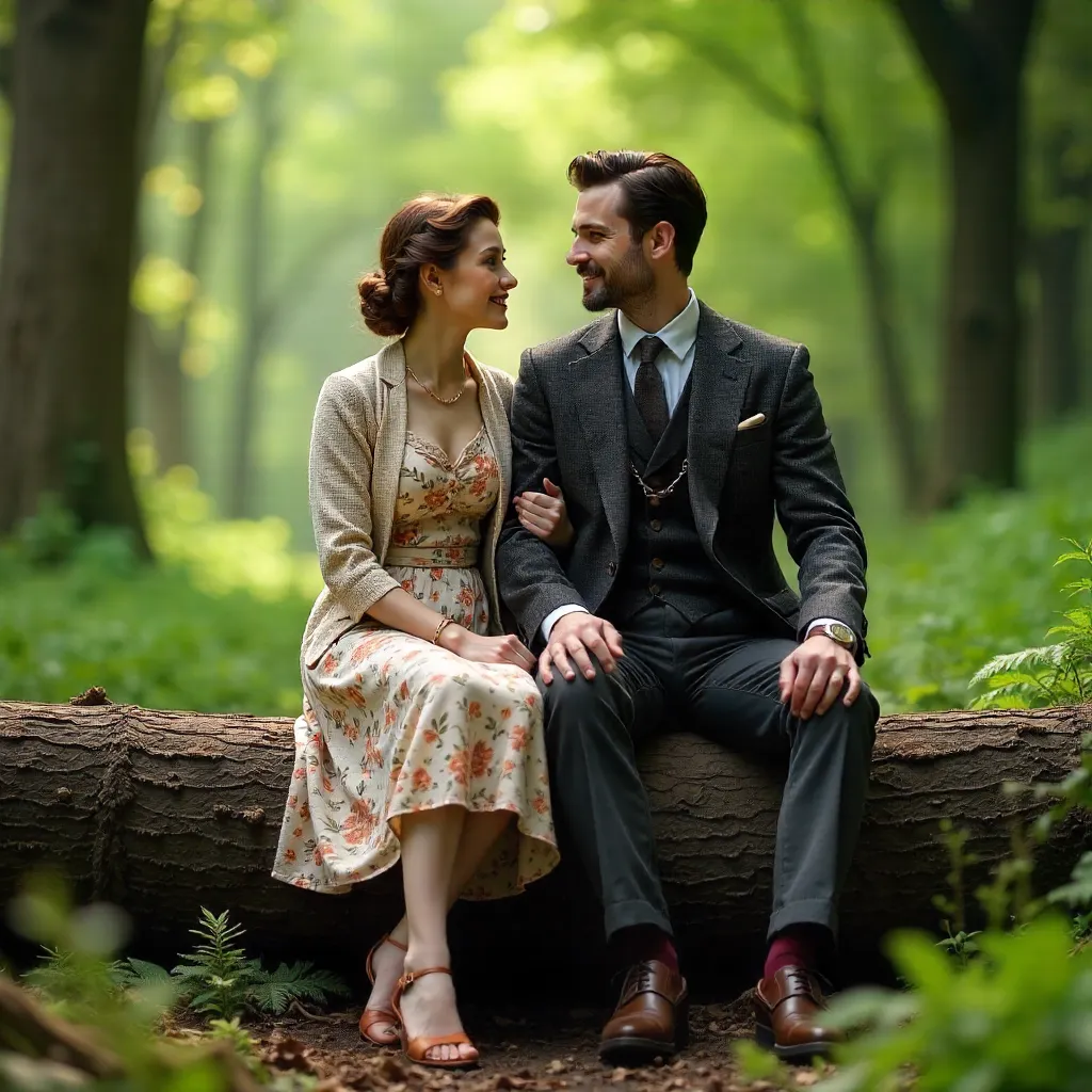 Vintage-Era Couple Resting on Logs in a Lush Forest