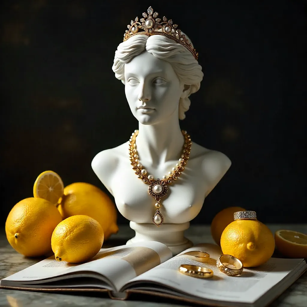 Jewelled Marble Bust Among Lemons and Magazine