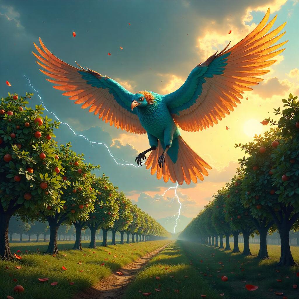 Thunderbird Concept Art in an Orchard
