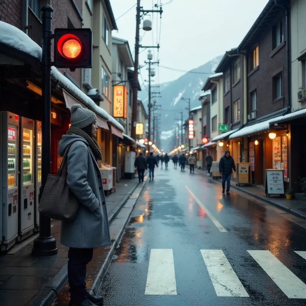 Nagano City Crosswalk: Waiting Under the Light