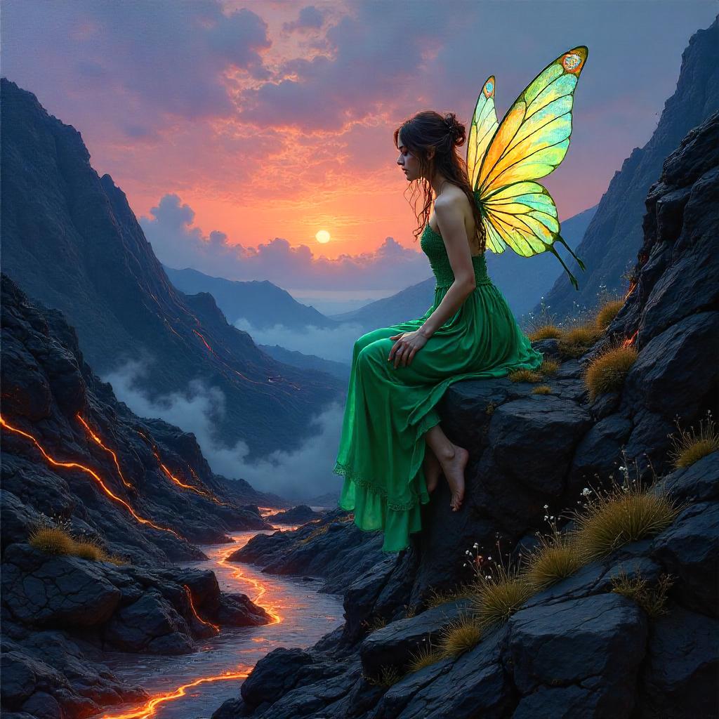 Fairy on Volcanic Rocks in Oil Painting