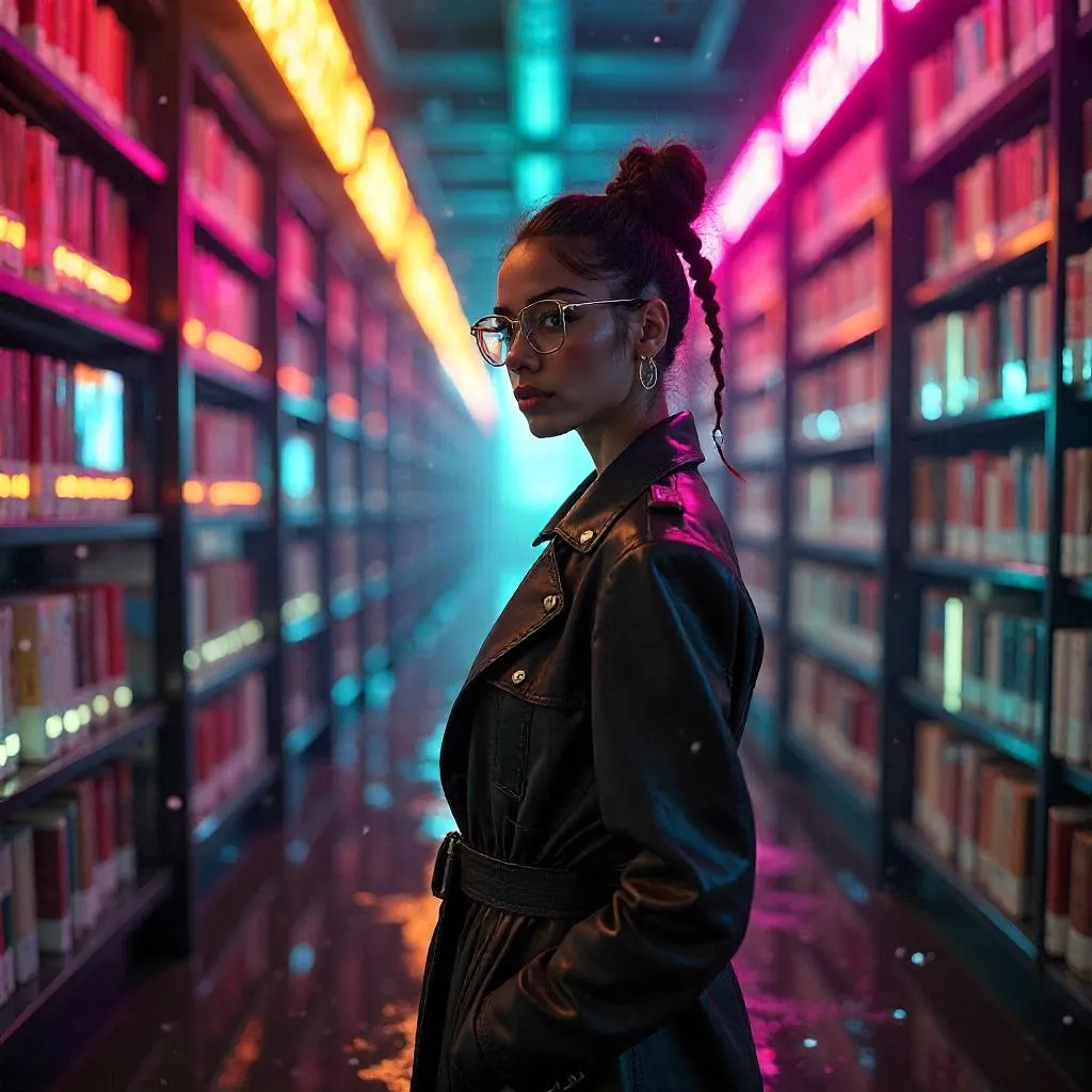 Neon Librarian: Latina in a Cyberpunk Library