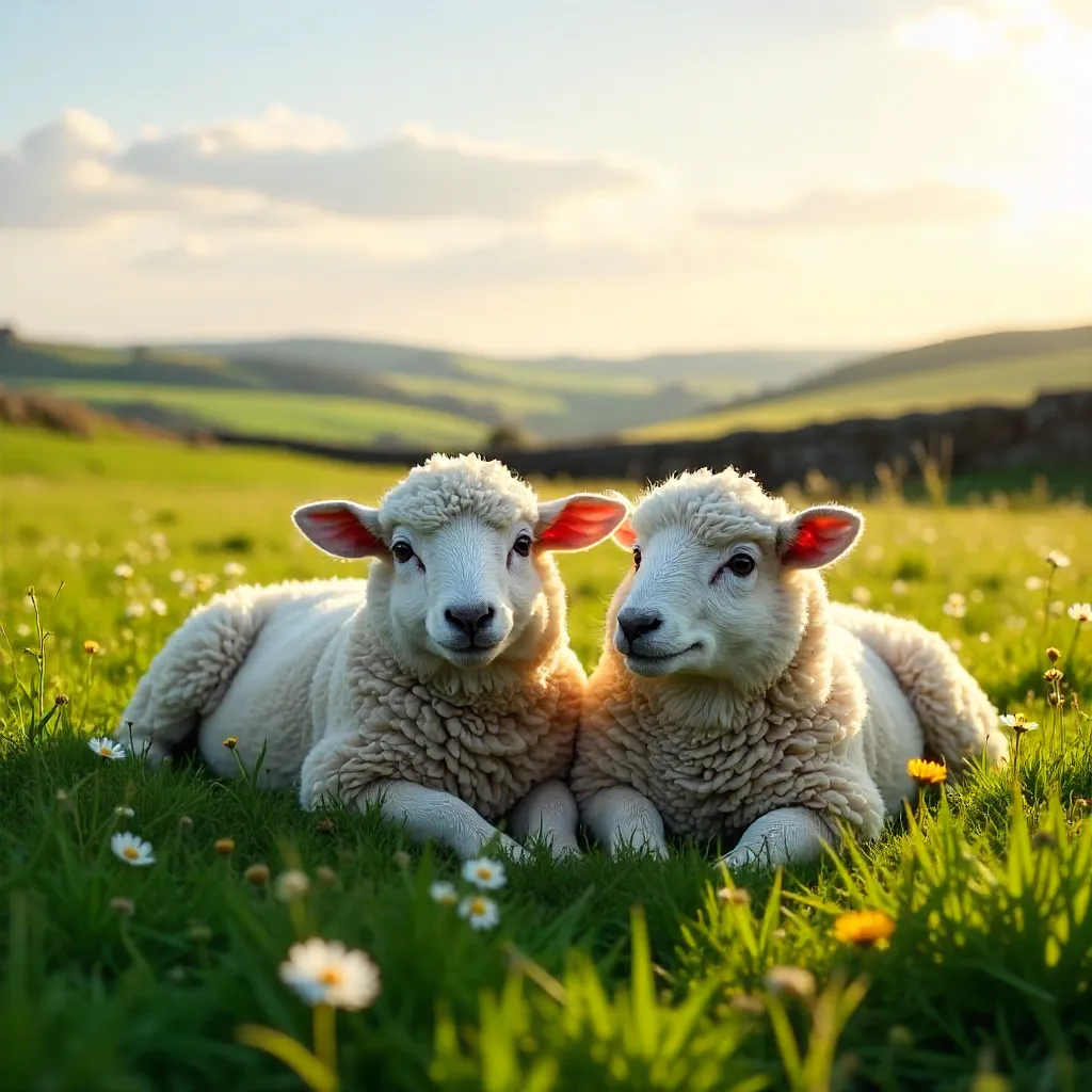 Two Sheep Resting in a Serene Bude Meadow