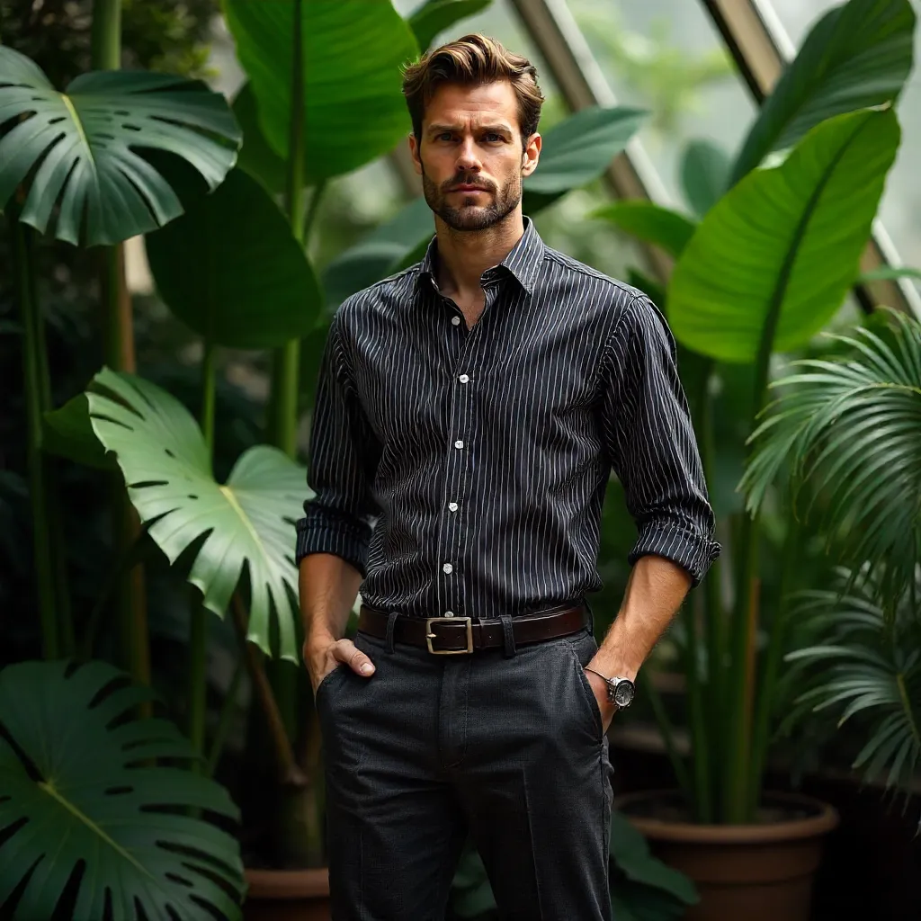 Confident Man in Striped Shirt Before Lush Greens