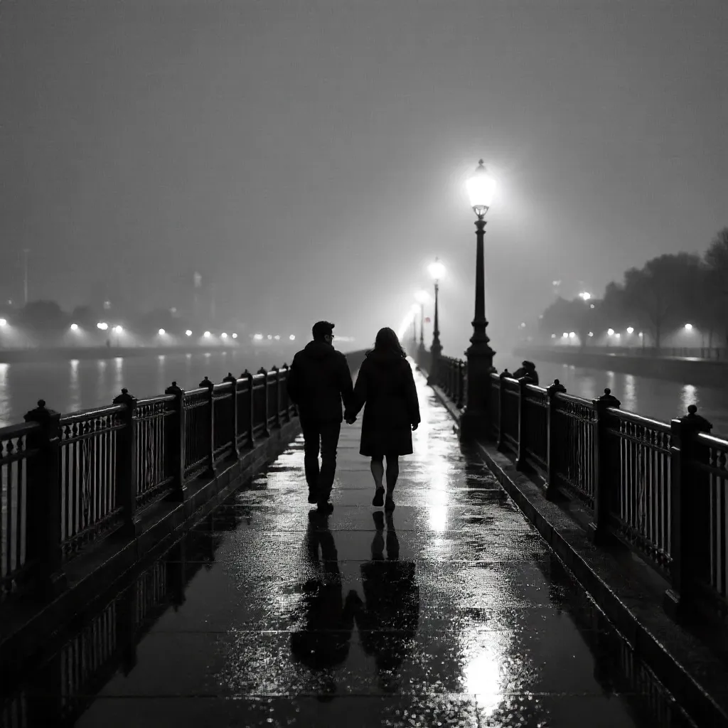 Moody monochrome stroll along an urban riverside promenade