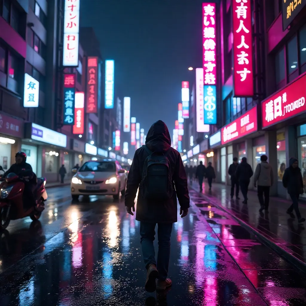 Neon Night Wanderer Exploring Vibrant City Streets