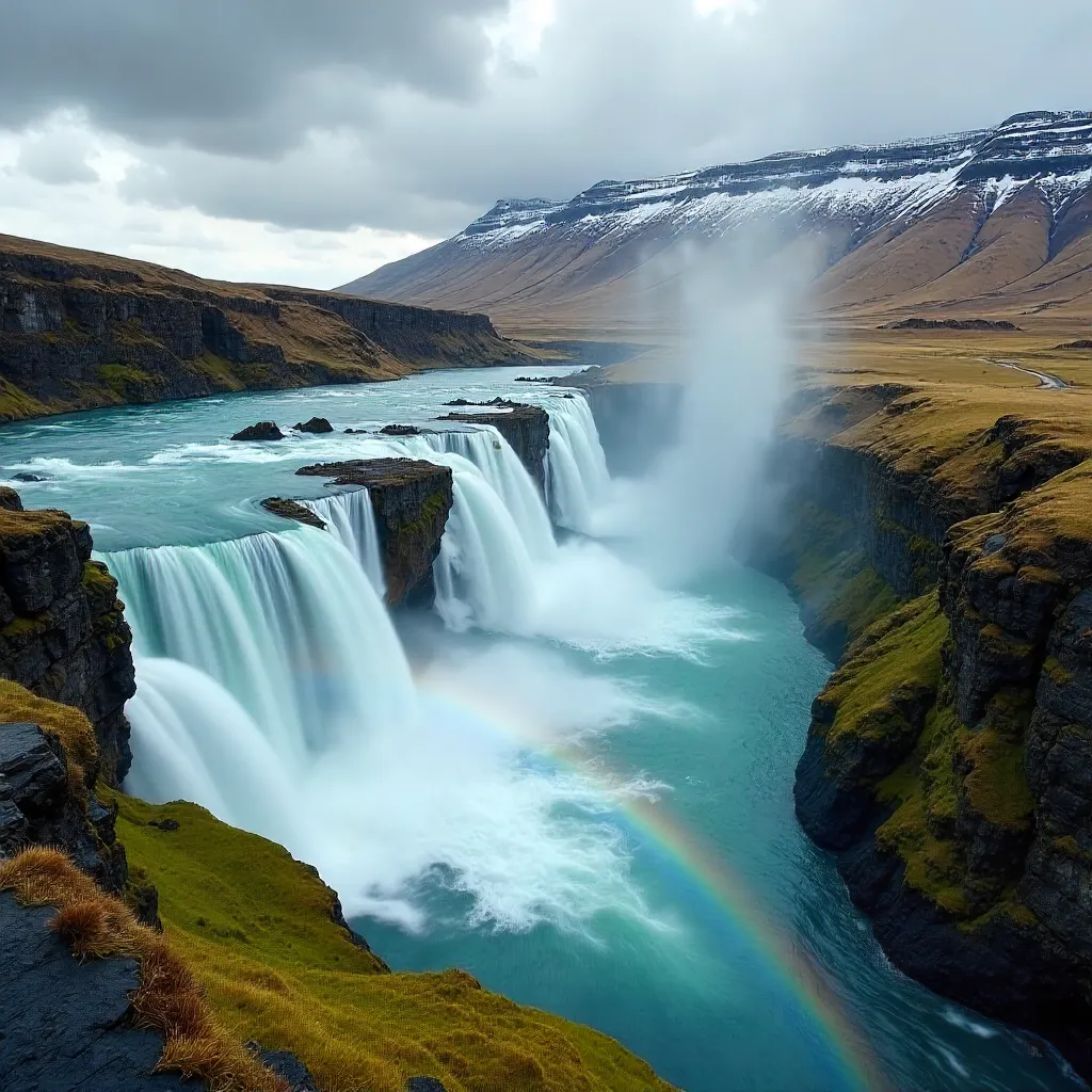Icelandic Cascading Waterfall in Rugged Wilderness