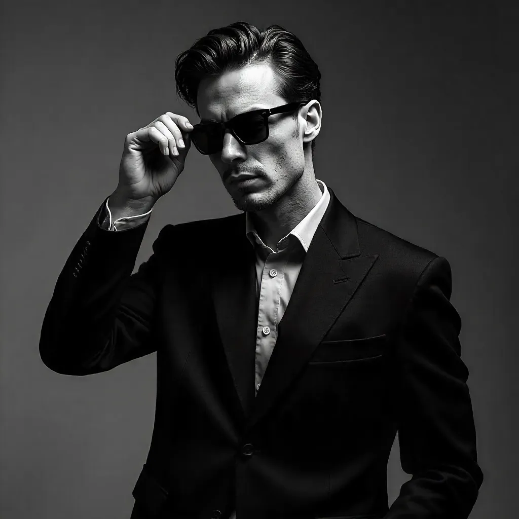 Monochrome Noir Portrait: Man Adjusting Sunglasses in Studio