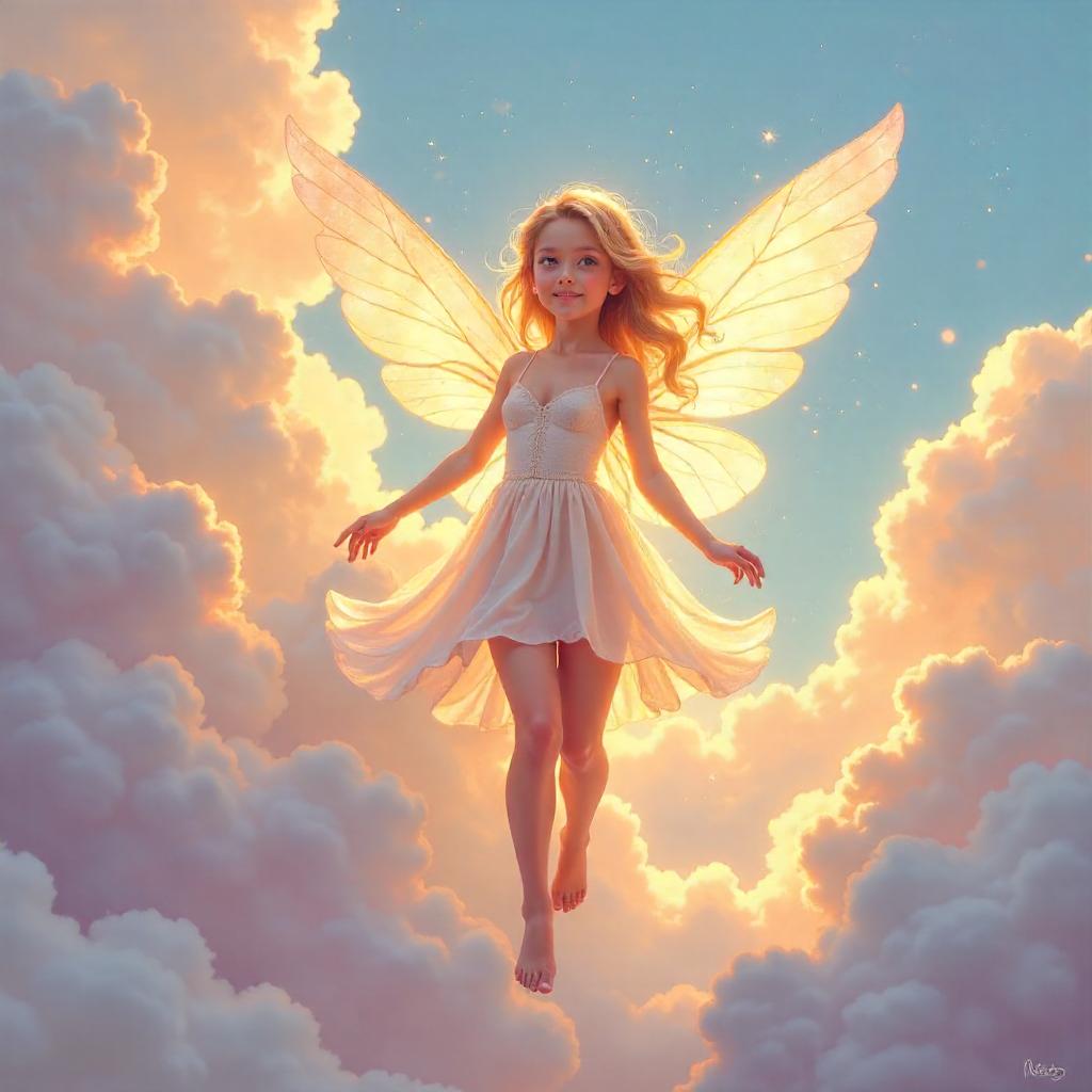 Pixie Floating in Dreamy Cloudscape