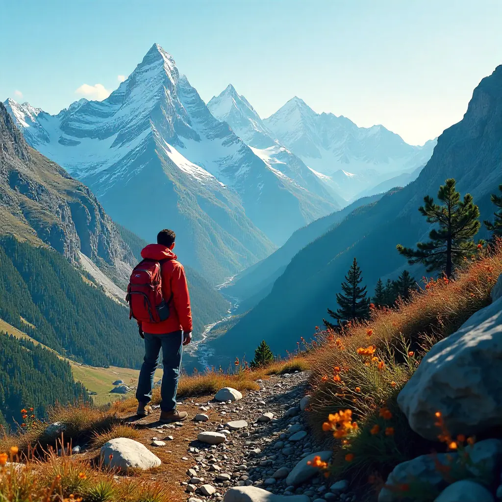 Solitary Hiker on a Mountain Trail Under Clear Skies
