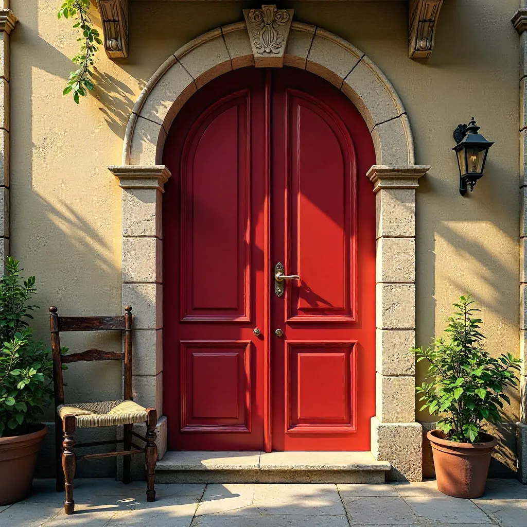 Red Arched Door with Ornate Detailing and Rustic Chair