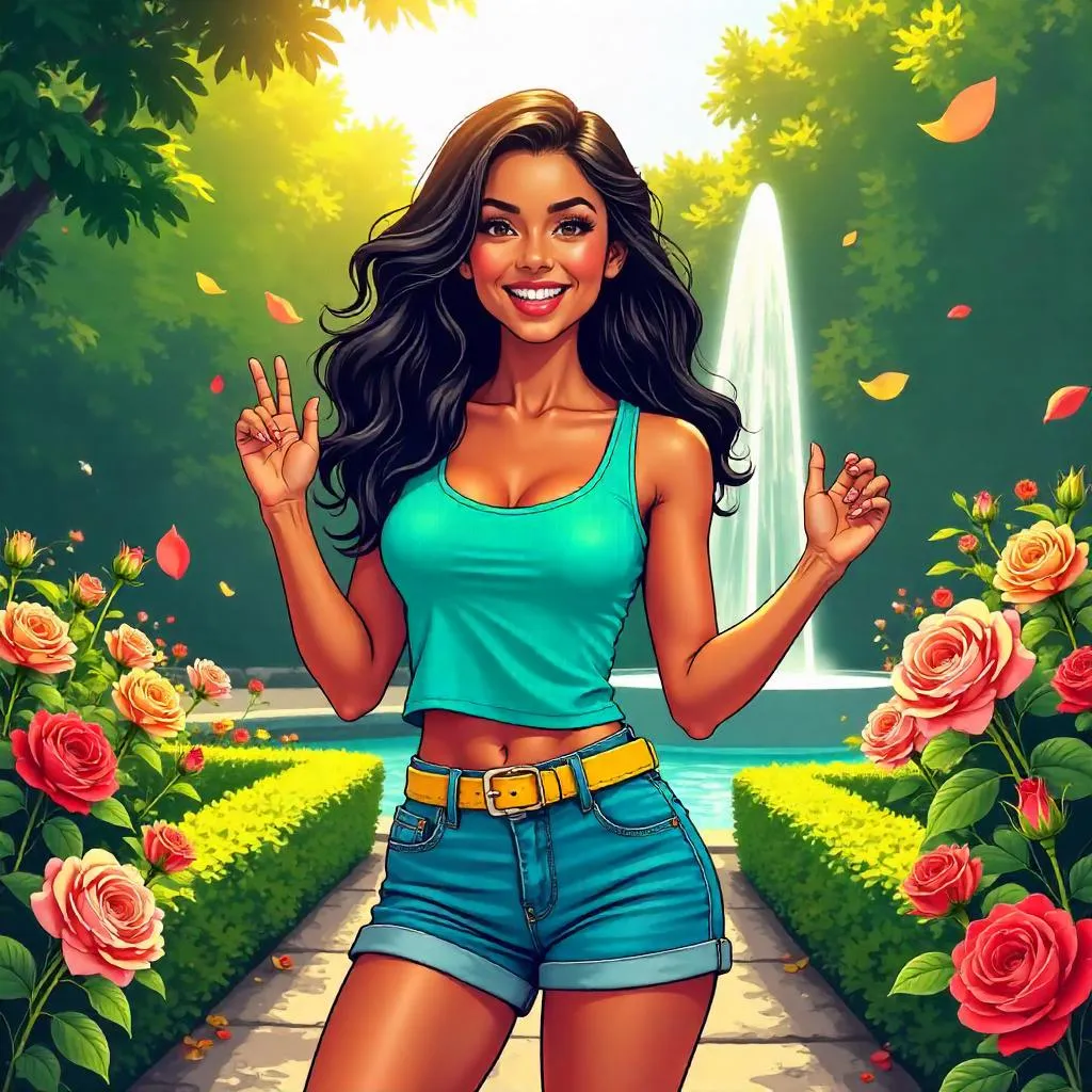 Cheerful Latina Hero in a Garden Splash
