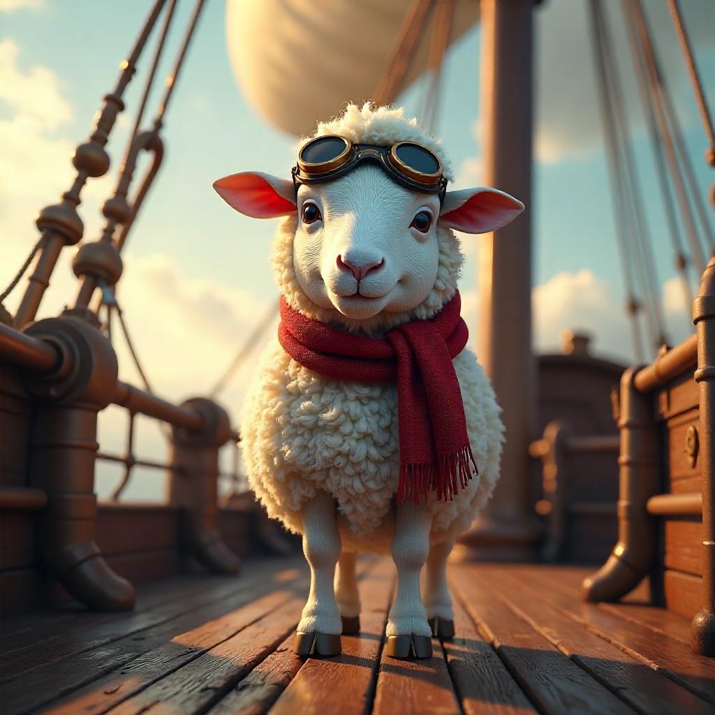 3D Rendered Sheep on a Steampunk Airship