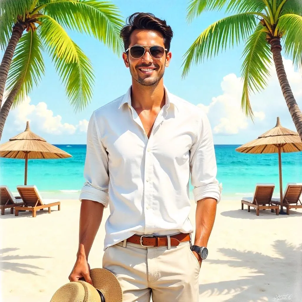 Confident Asian Man at Beach Resort in Watercolor