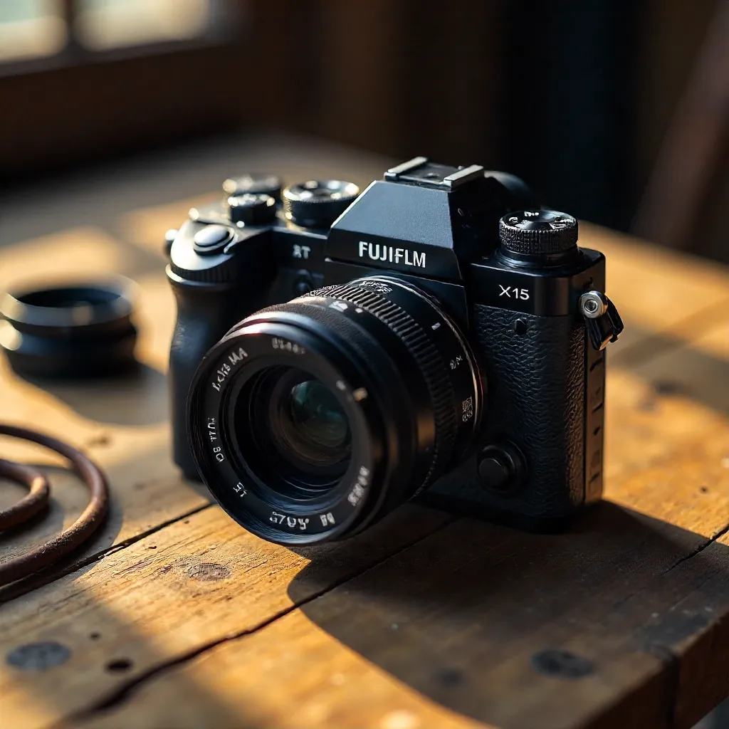 Close-up Fujifilm X-T5 on Rustic Wood Table