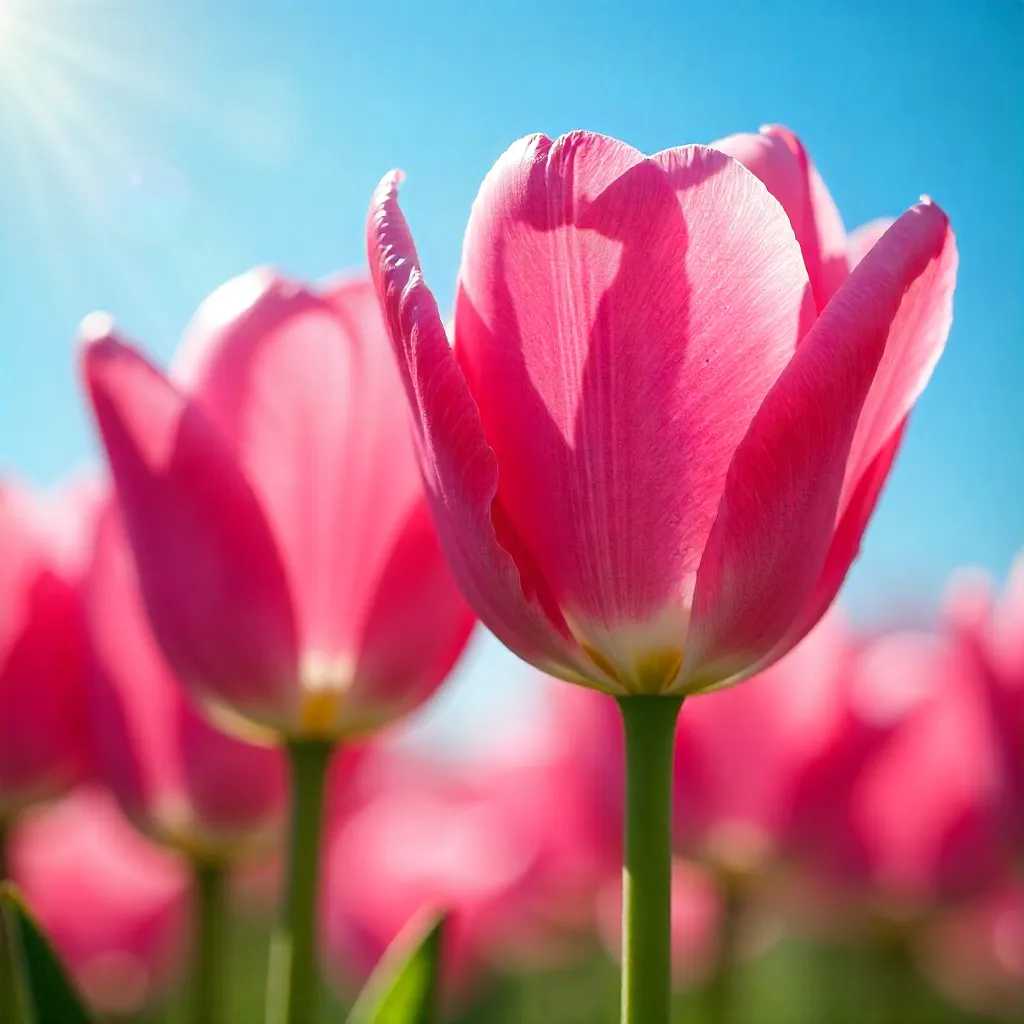 Sunlit Pink Tulips under a Clear Sky