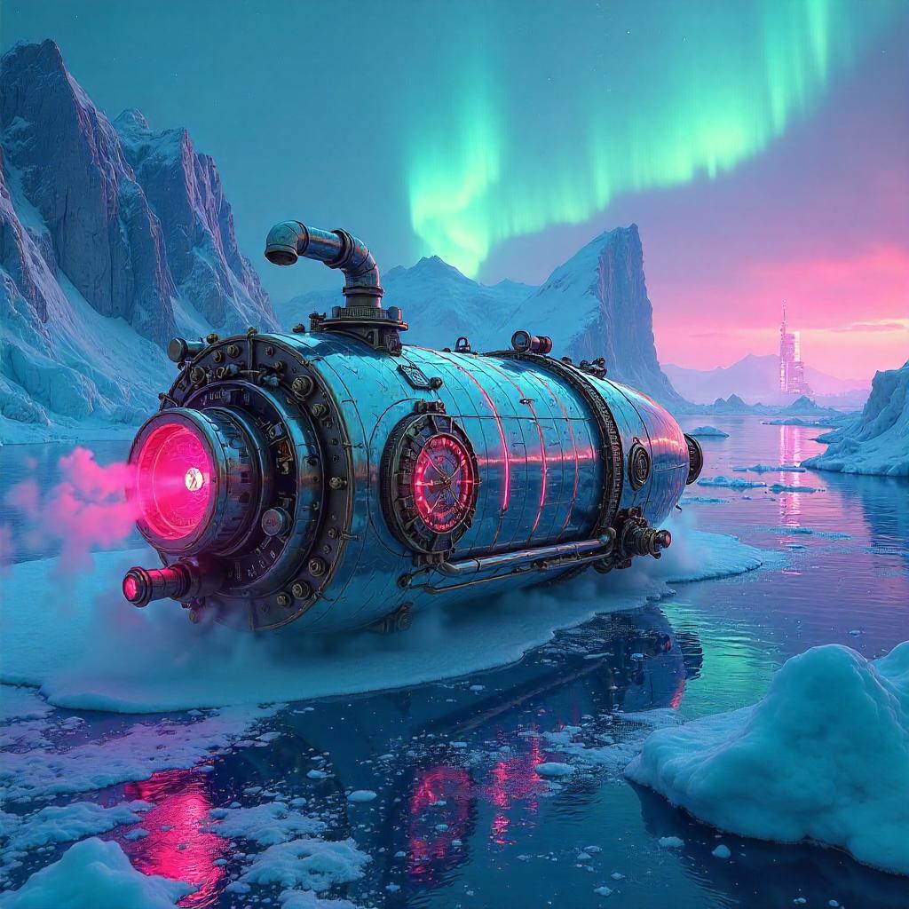 Neon Time Machine Drifting Among Icebergs