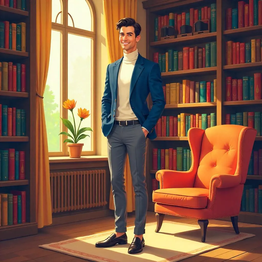 Stylish White Man in a Cozy Library - Cartoon
