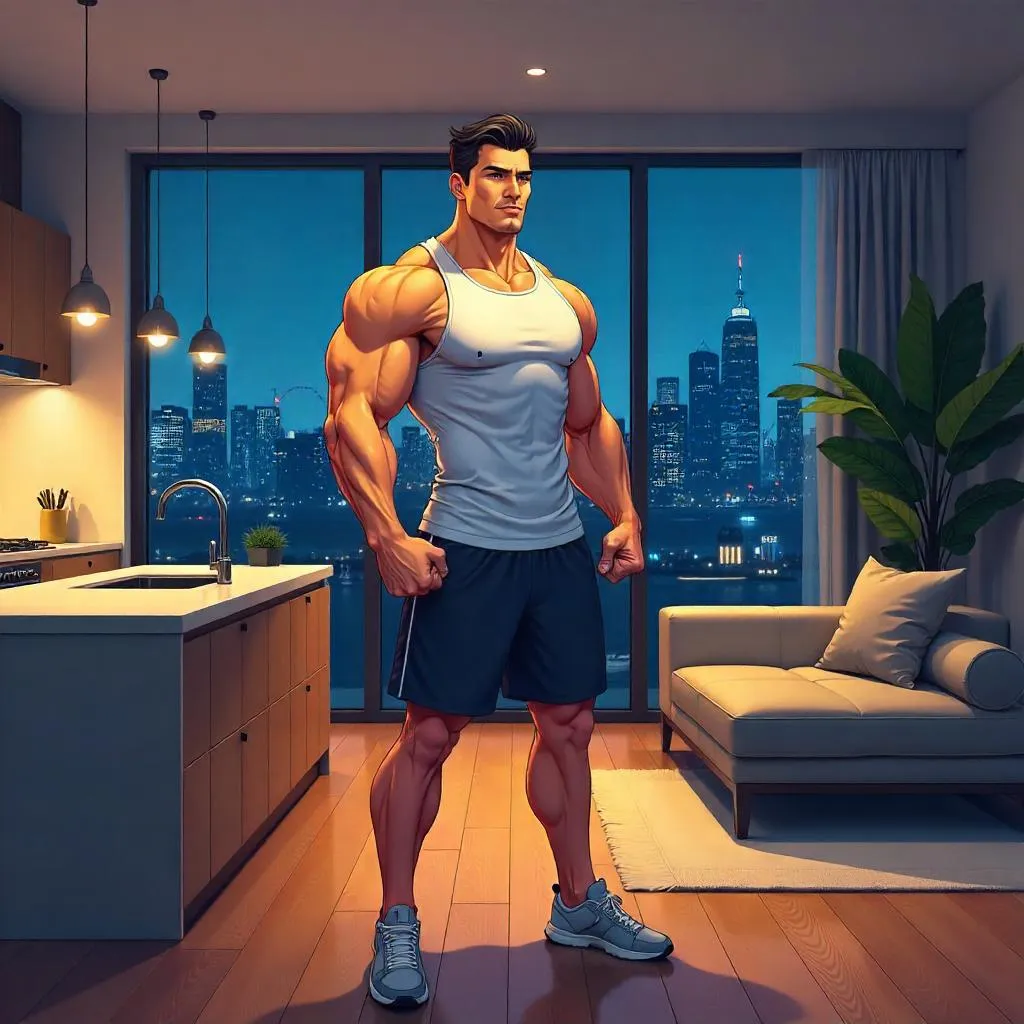 Muscular Asian Man in a Neon Anime Apartment