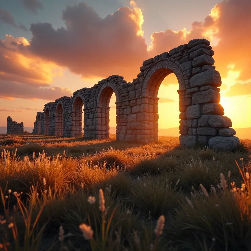 Sunset Rays Through Ancient Ruins in Grass Field