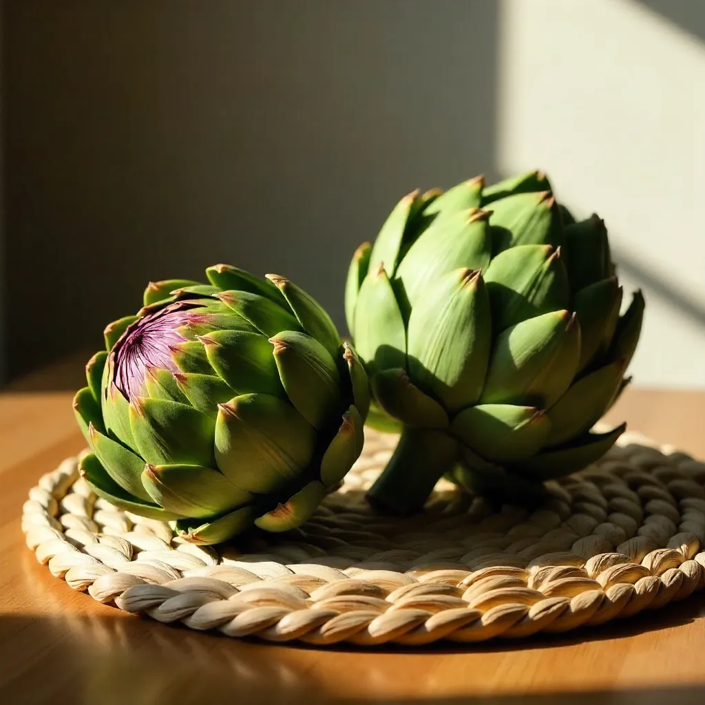Fresh Artichokes on a Woven Mat – Indoor Still Life