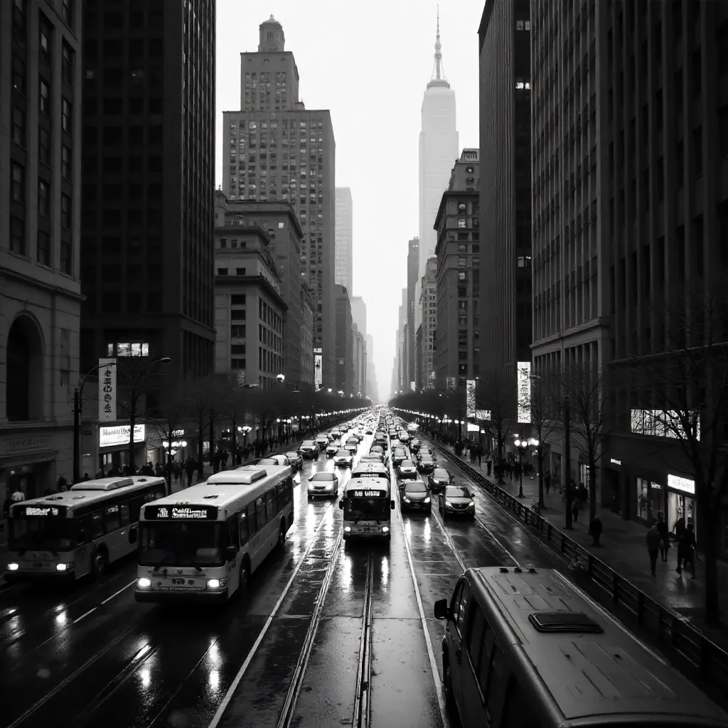Monochrome Cityscape: Buses and Skyscrapers