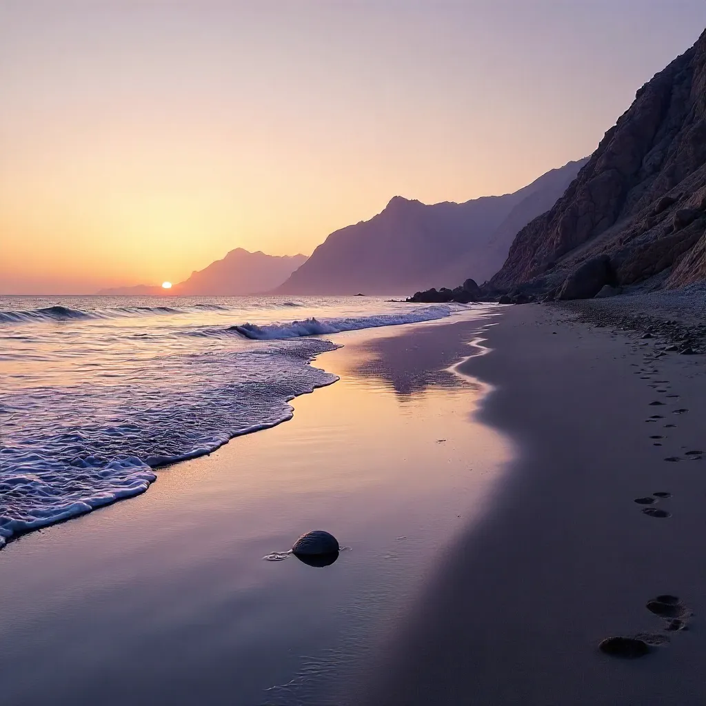Calm Evening Beach with Mountain Backdrop