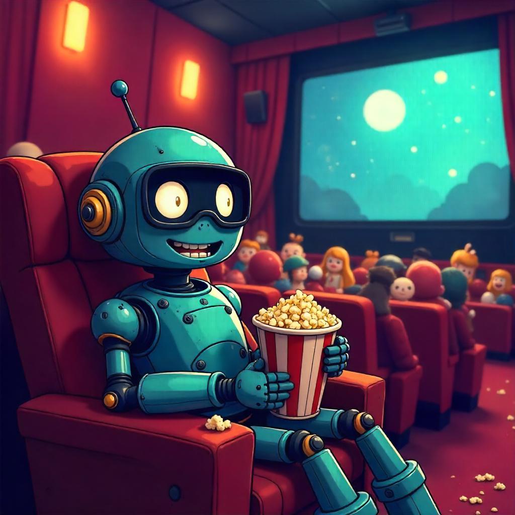 Friendly cartoon robot in a movie theater