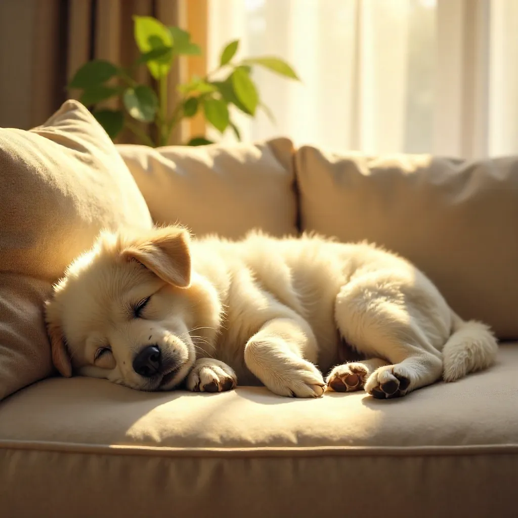 Sunlit Slumber: Fluffy White Dog on Couch