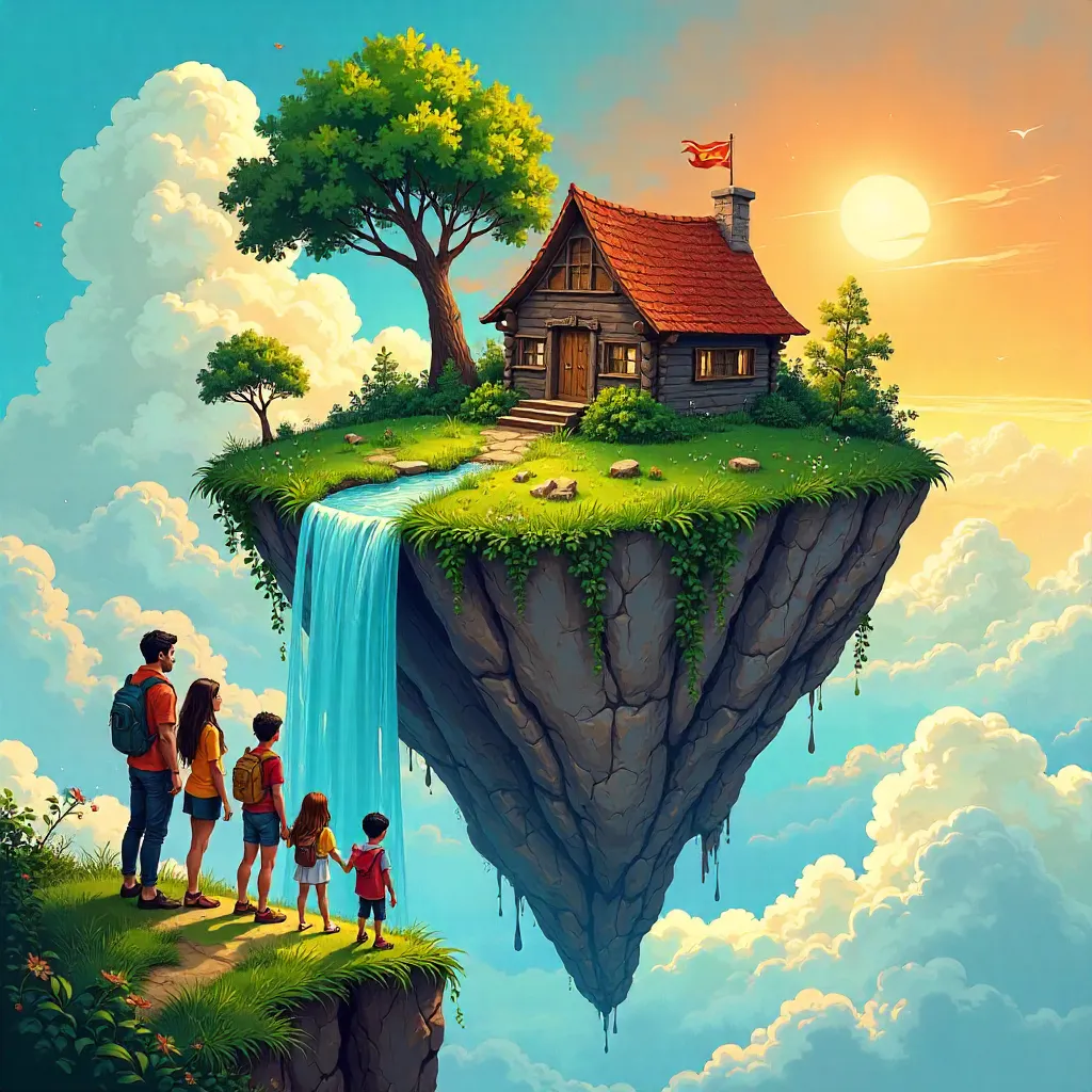 Floating Sky Island Family in Comic Digital Art