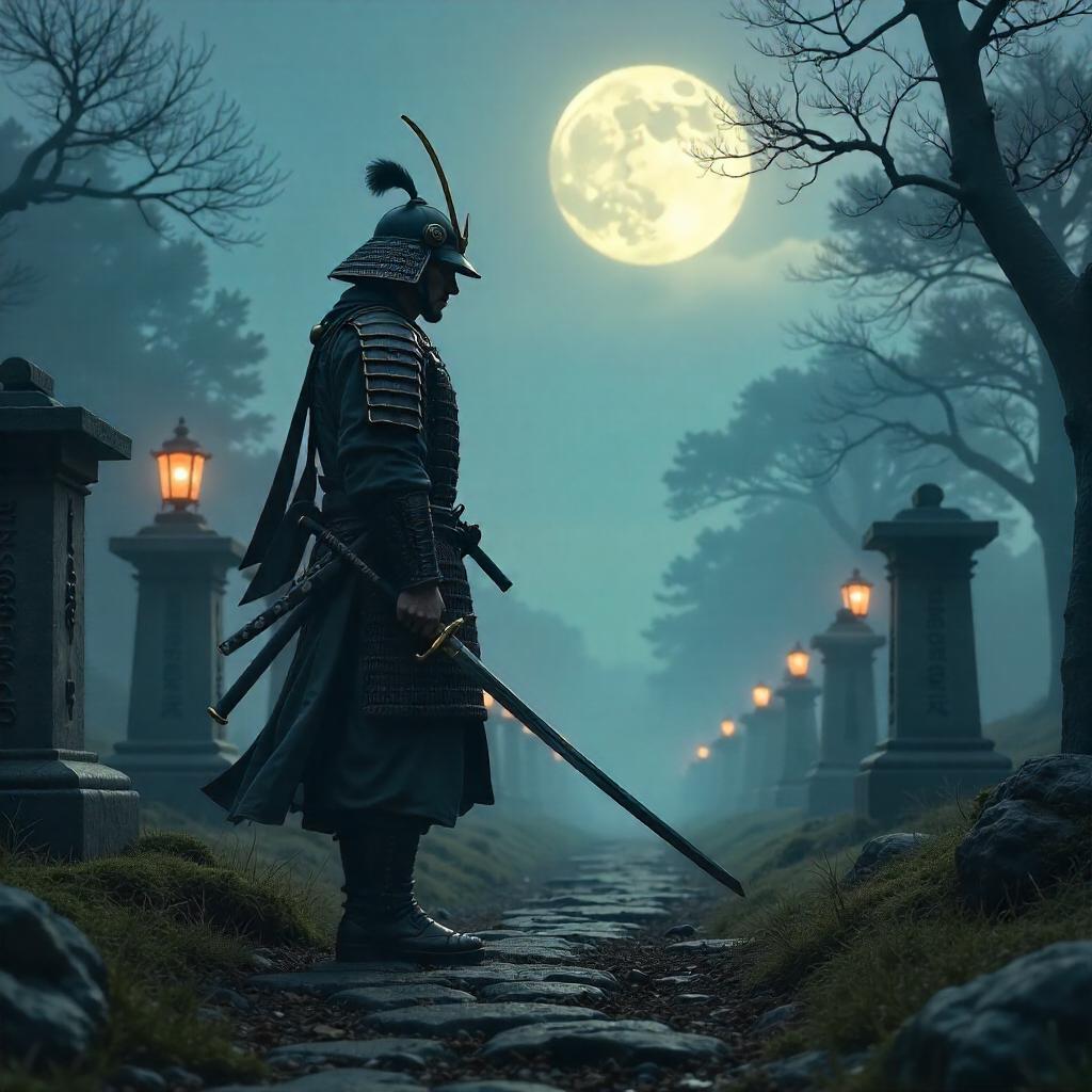 Lone Samurai 3D Render in an Ancient Graveyard