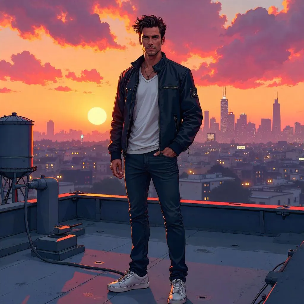 Handsome Anime Man on a Rooftop at Sunset