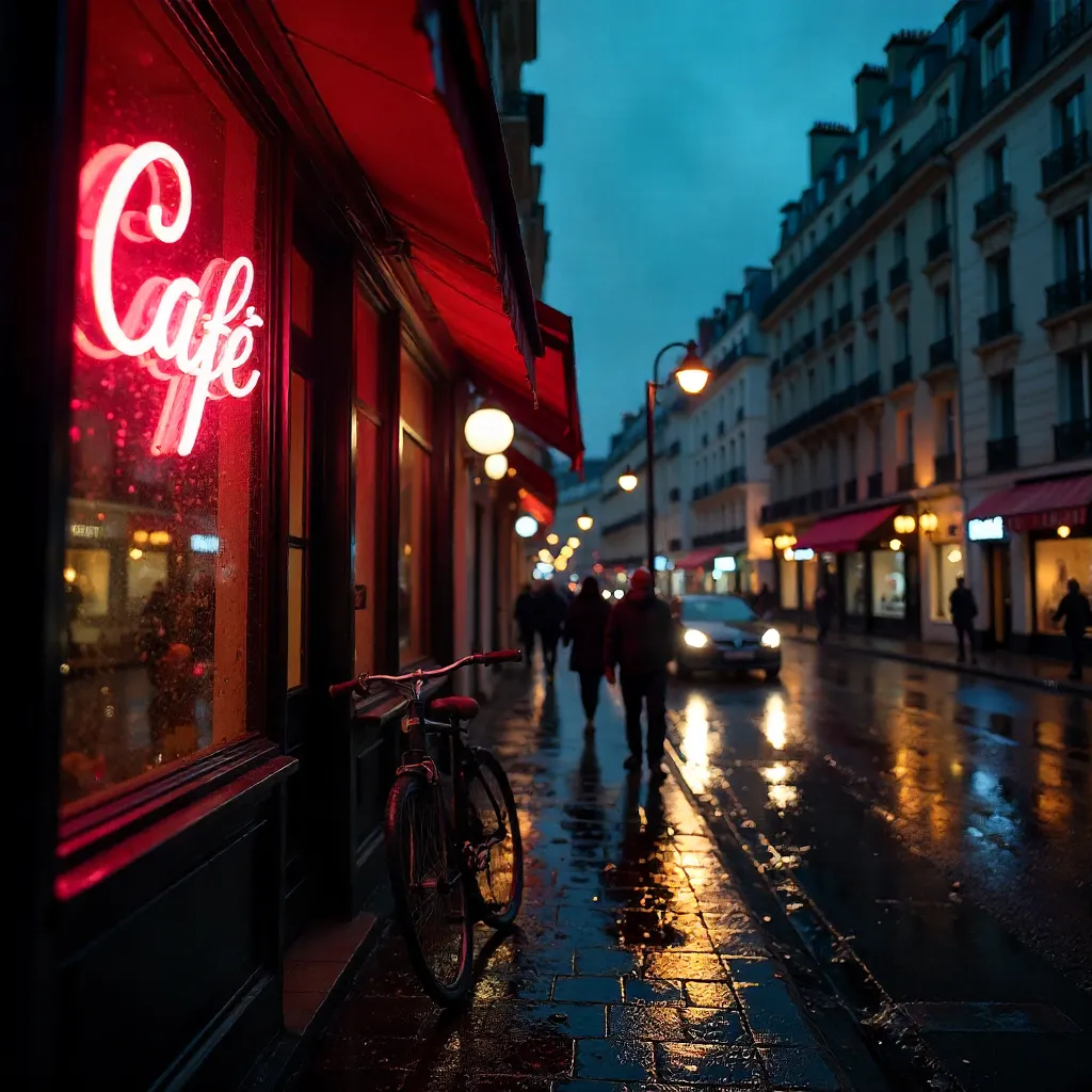 Neon Café Sign Through a Paris Night Window