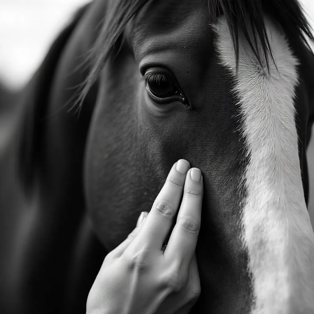 Close-Up Black-and-White: Hand Touching a Horse Face