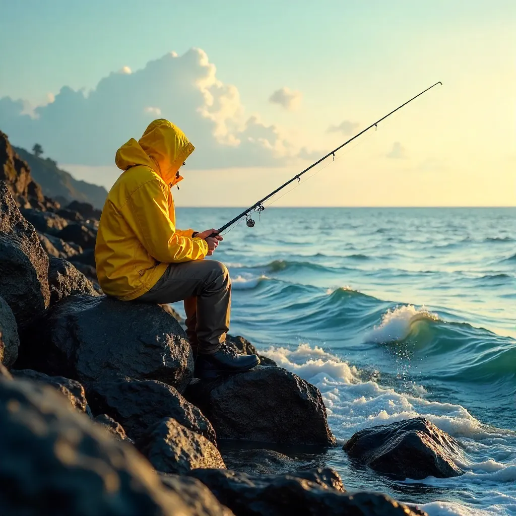 Solitary Angler by Rocky Coast in Yellow Jacket