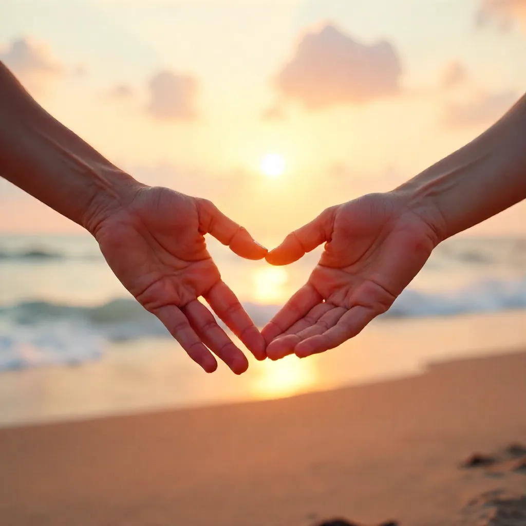 Two Hands Reaching Across the Serene Beach