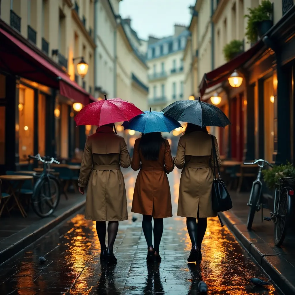 Three Umbrellas on a Rainy French Street