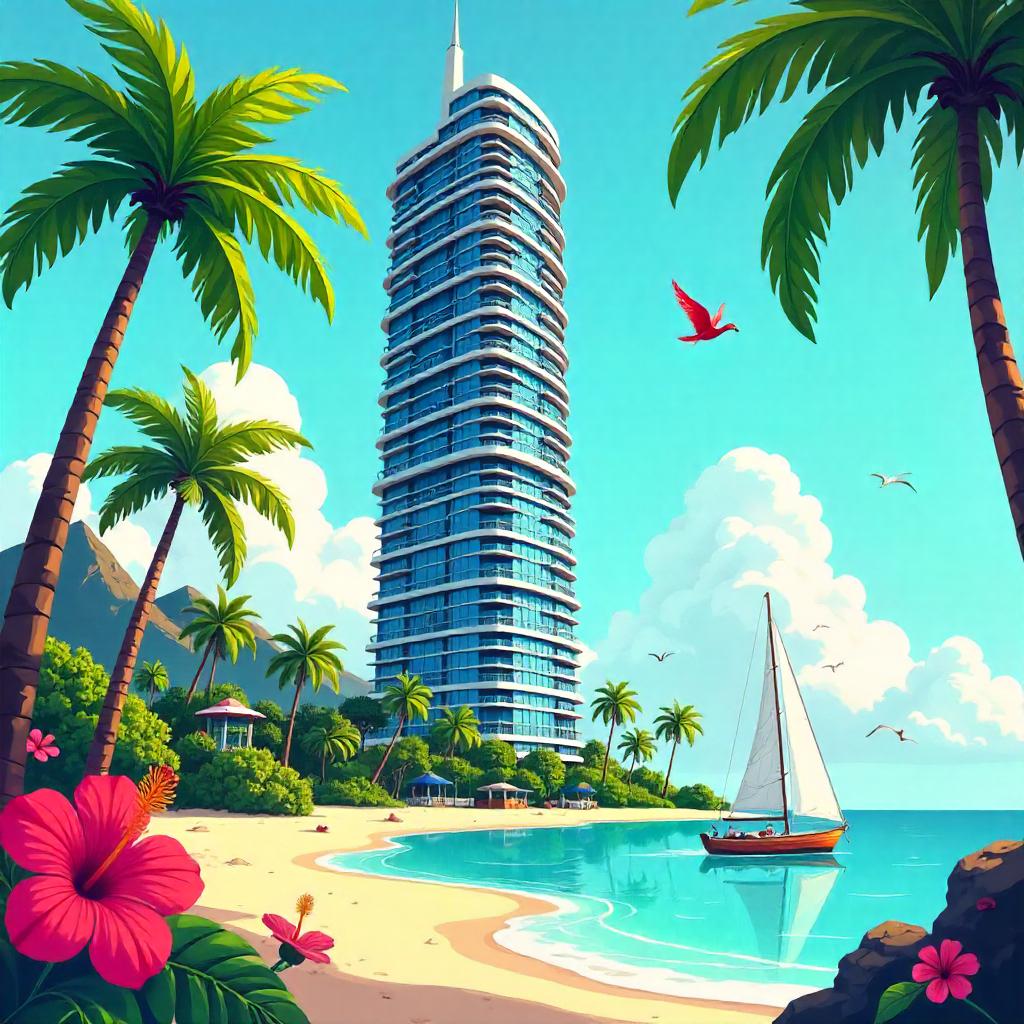 Cartoon Skyscraper on a Tropical Island