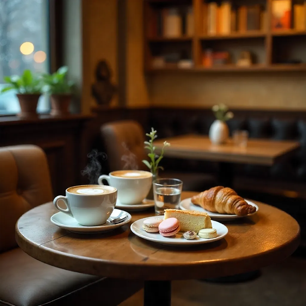 Cozy Café Round Table with Cappuccinos and Desserts