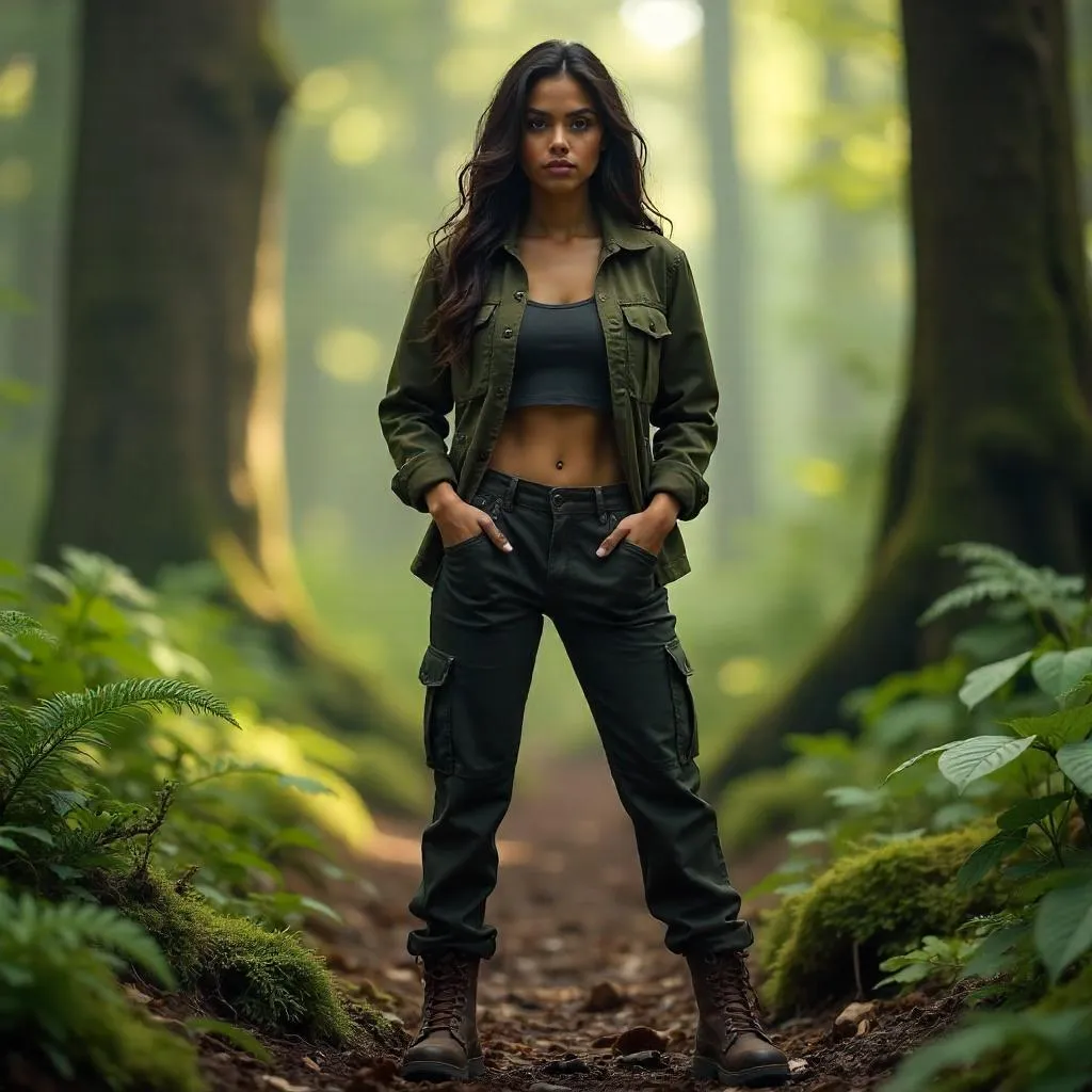 Confident Latina in a Lush Forest