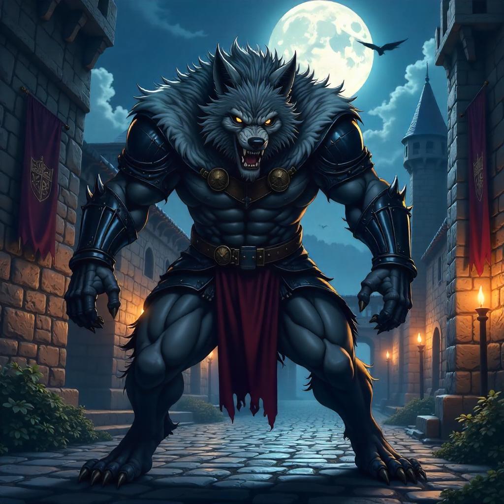 Anime Werewolf in a Medieval Moonlit Courtyard
